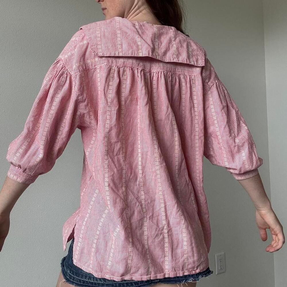 Vintage boho red white striped cotton peasant blouse - Picture 2 of 8